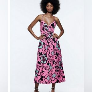 Zara Poplin Pink Floral Print A-line Blogger Favorite Spaghetti Strap Midi Dress